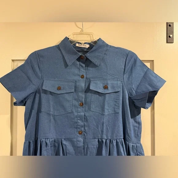 Blue Button-Down Denim Tiered Dress - Picture 2 of 3